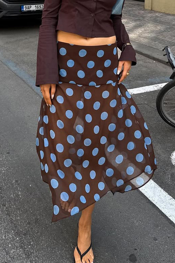 Polka Dot Asymmetrical Mesh Midi Skirt