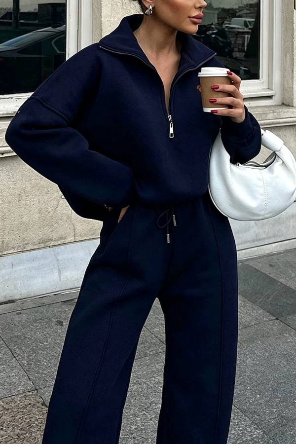 Stylish Half-open Zipper Pullover Sweatshirt and Elastic Waist Wide Leg Pants Set