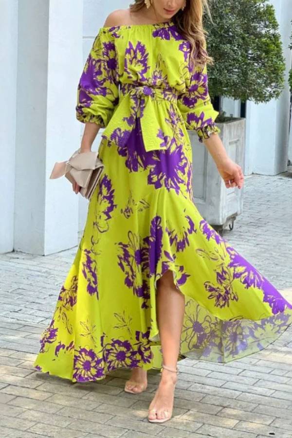Long sleeve slant collar loose dress