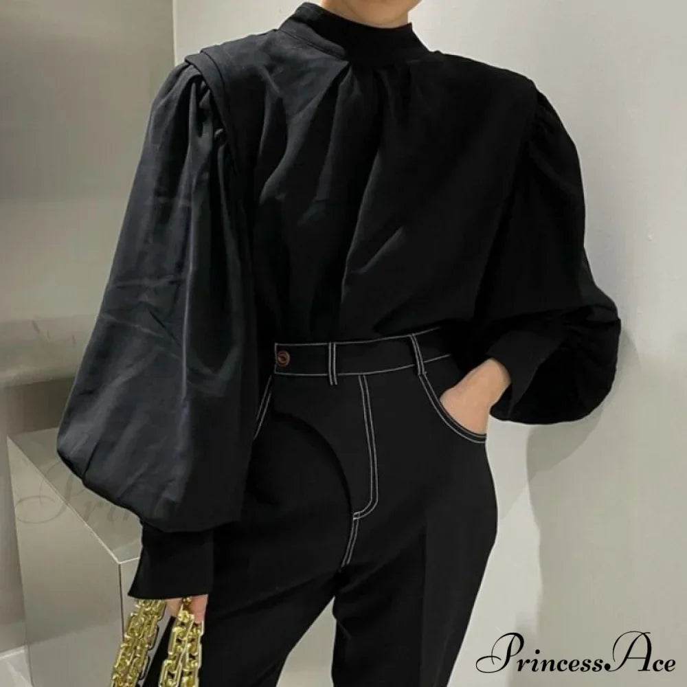 Black Lantern Sleeve Button-Up Blouse