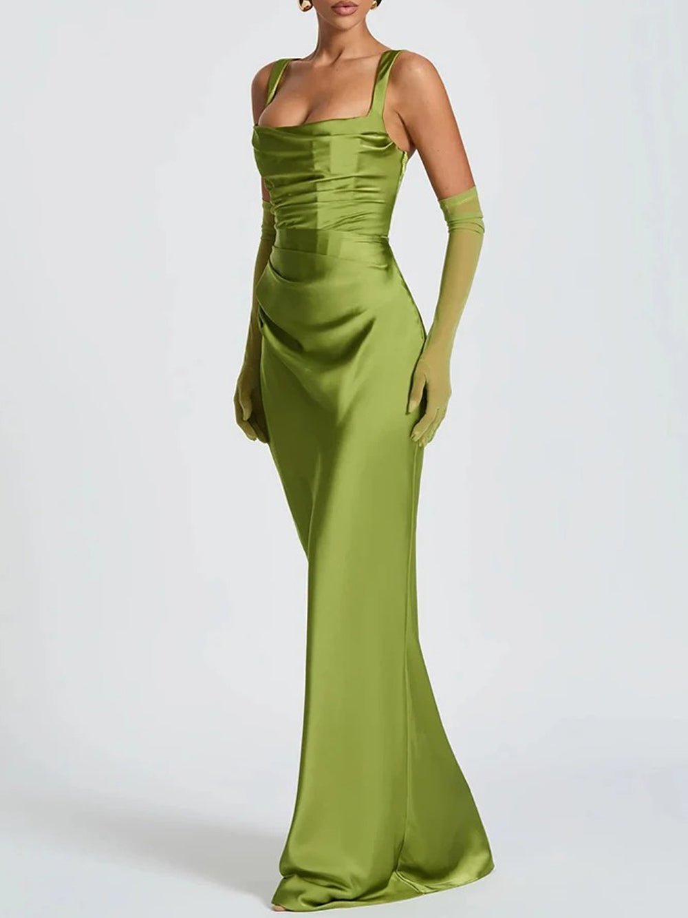 Green Square Neck Wide Strap Ruched Satin Column Maxi Gown