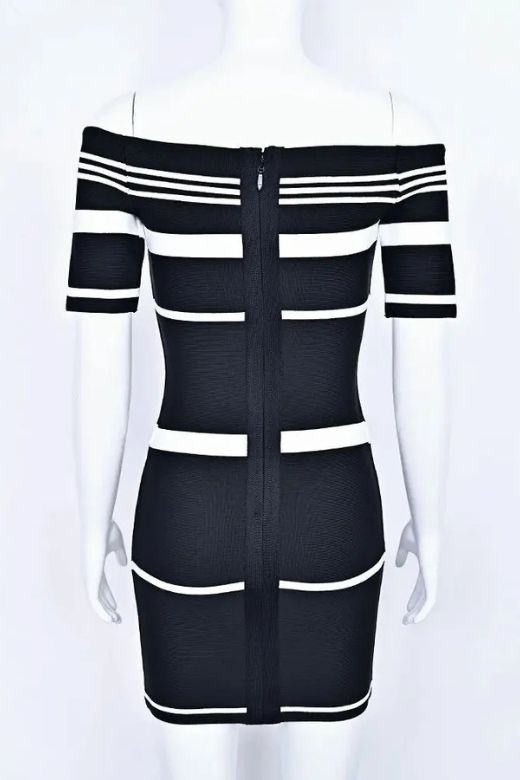 Classic Black Off Shoulder Stripe Knit Bodycon Mini Dress