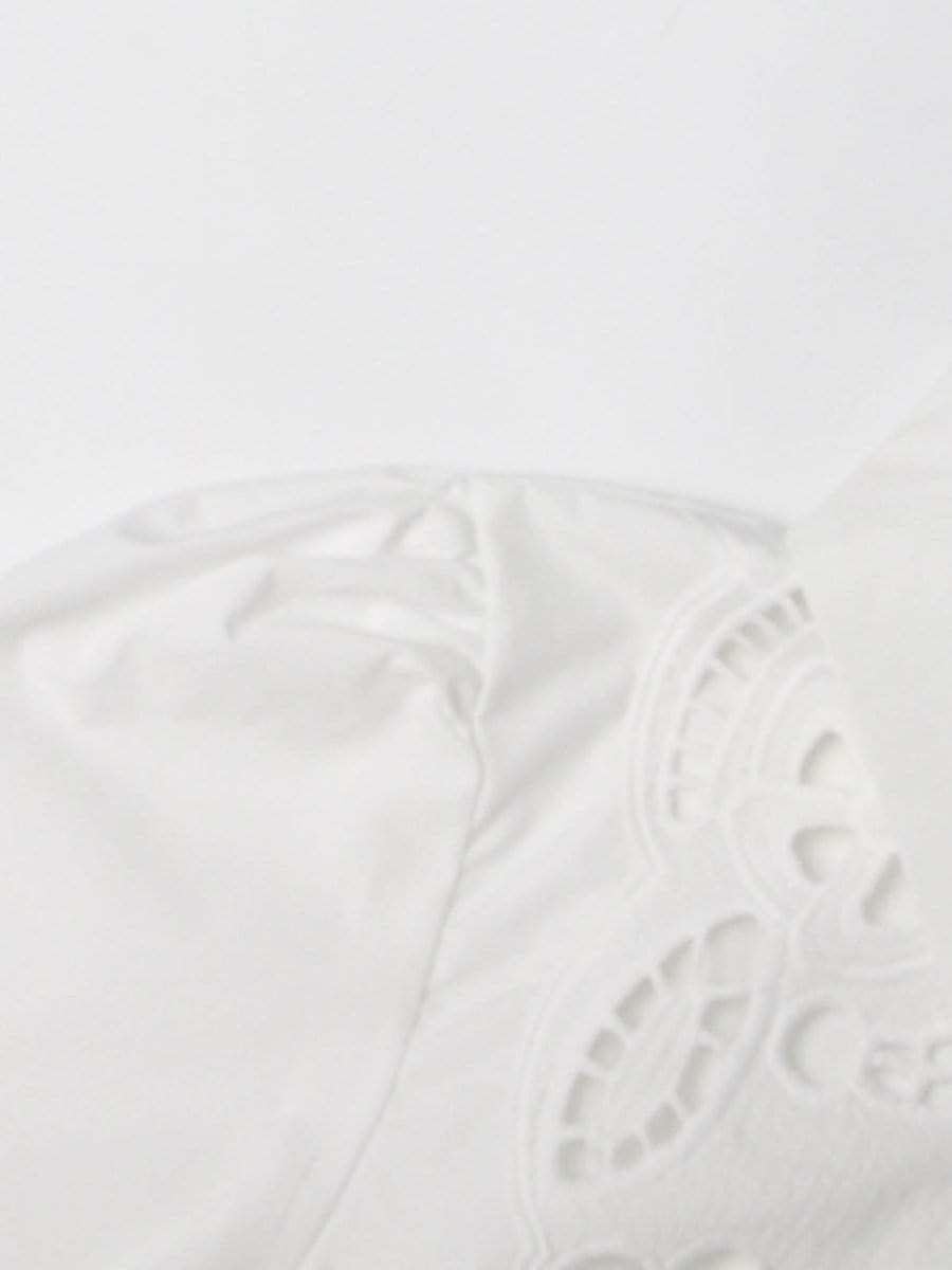 Puff Sleeve Lace Insert Button Front Tie Waist Midi Shirt Dress