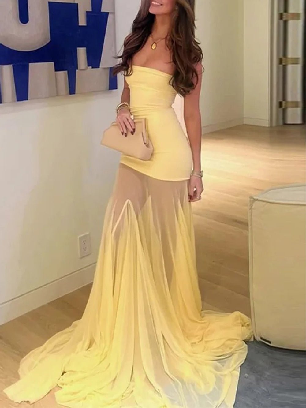 Yellow Strapless Bodycon Mesh Panel Flared Mermaid Skirt Maxi Gown