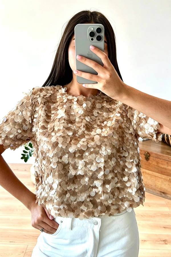 Clarisse Sequin Short Sleeve Back Slit Open Back Loose Top