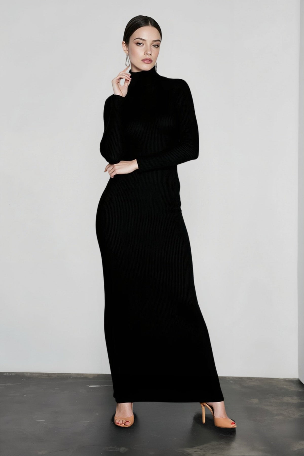 2024 Elegant Spring Turtleneck Knitted Ribbed Sheath Midi Bodycon Dress