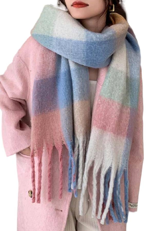 Color-blocked Plaid Tassel Scarf