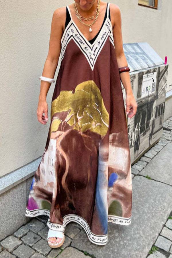 Artistic Oil Painting Print V-Neck Slip Maxi Dress