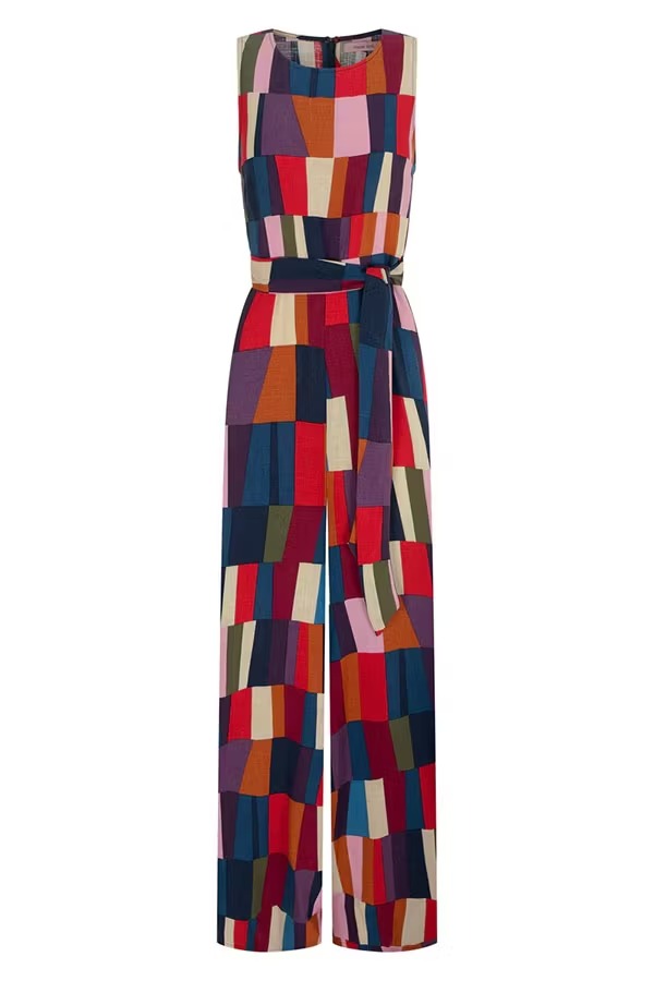 Retro Chic Linen Blend Colorful Color Block Front Waist Tie Detail Sleeveless Wide Leg Jumpsuit