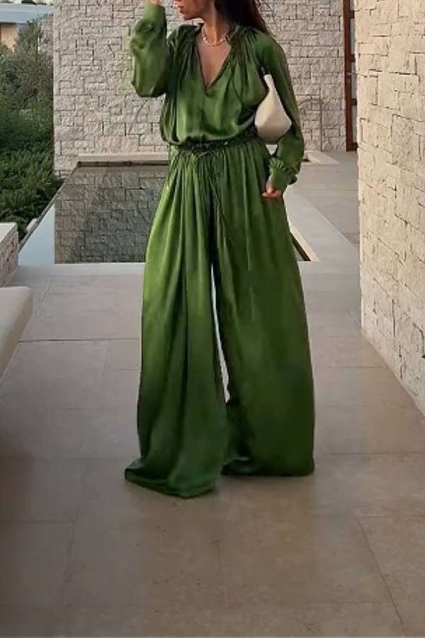Olive Green Satin Relaxed Wide-Leg Pants Suit
