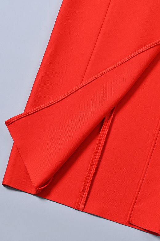 Lipstick Red Spaghetti Strap 3D Flower Applique High Split Bandage Midi Dress
