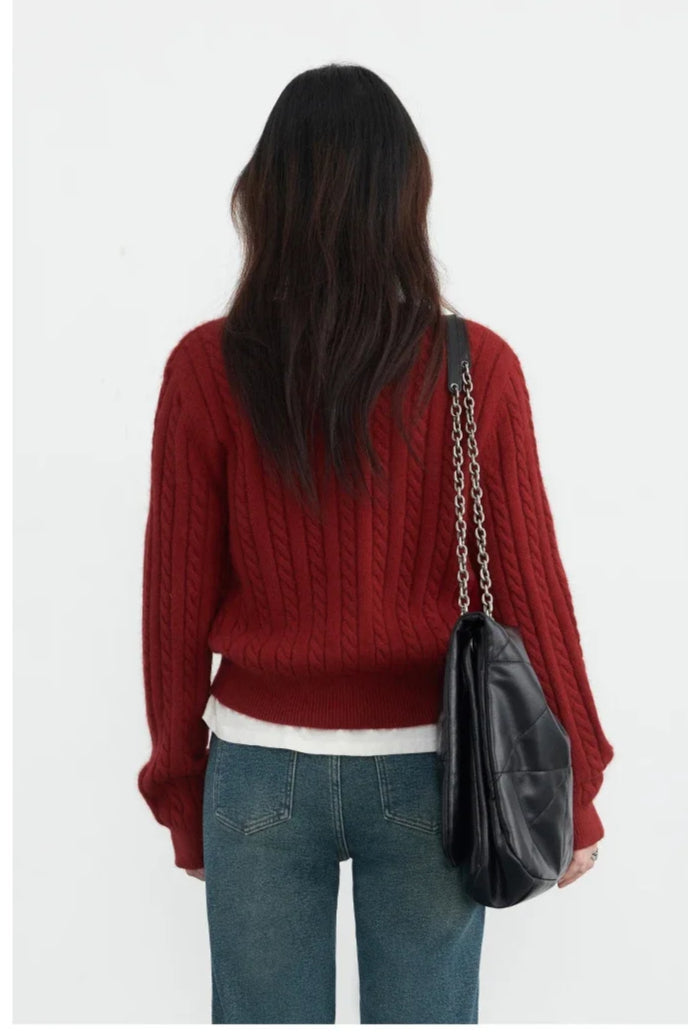 Red Twist Knit O-Neck Cardigan