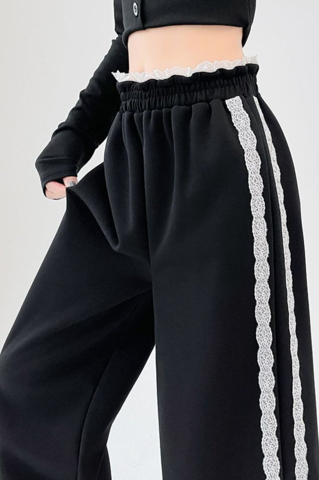Lace Panel Athletic Wide Leg High Waist Pants