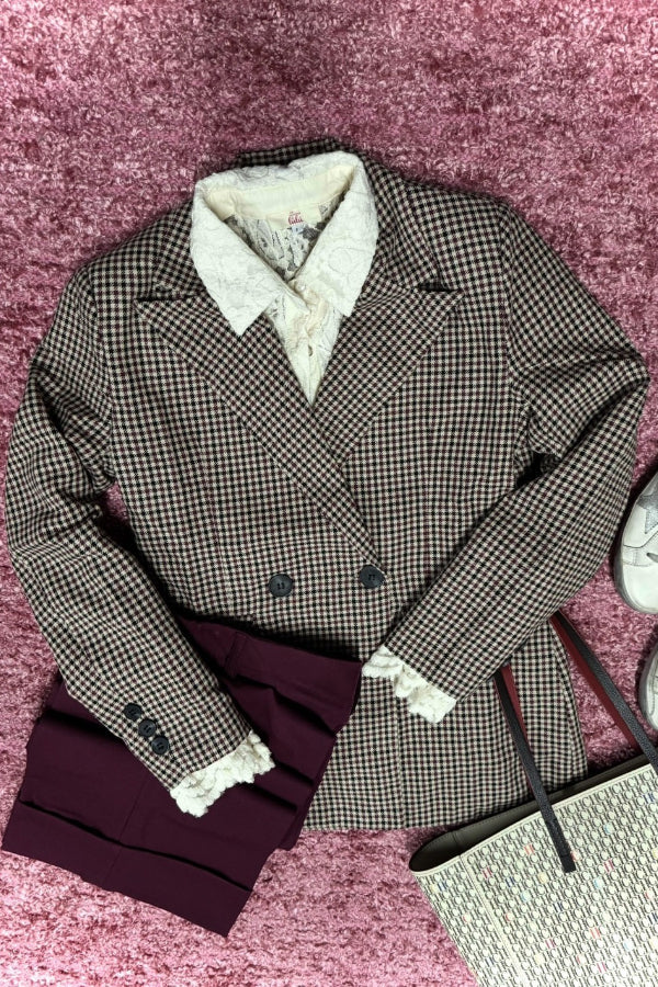 Burgundy checked double-breasted jacket with black double buttons