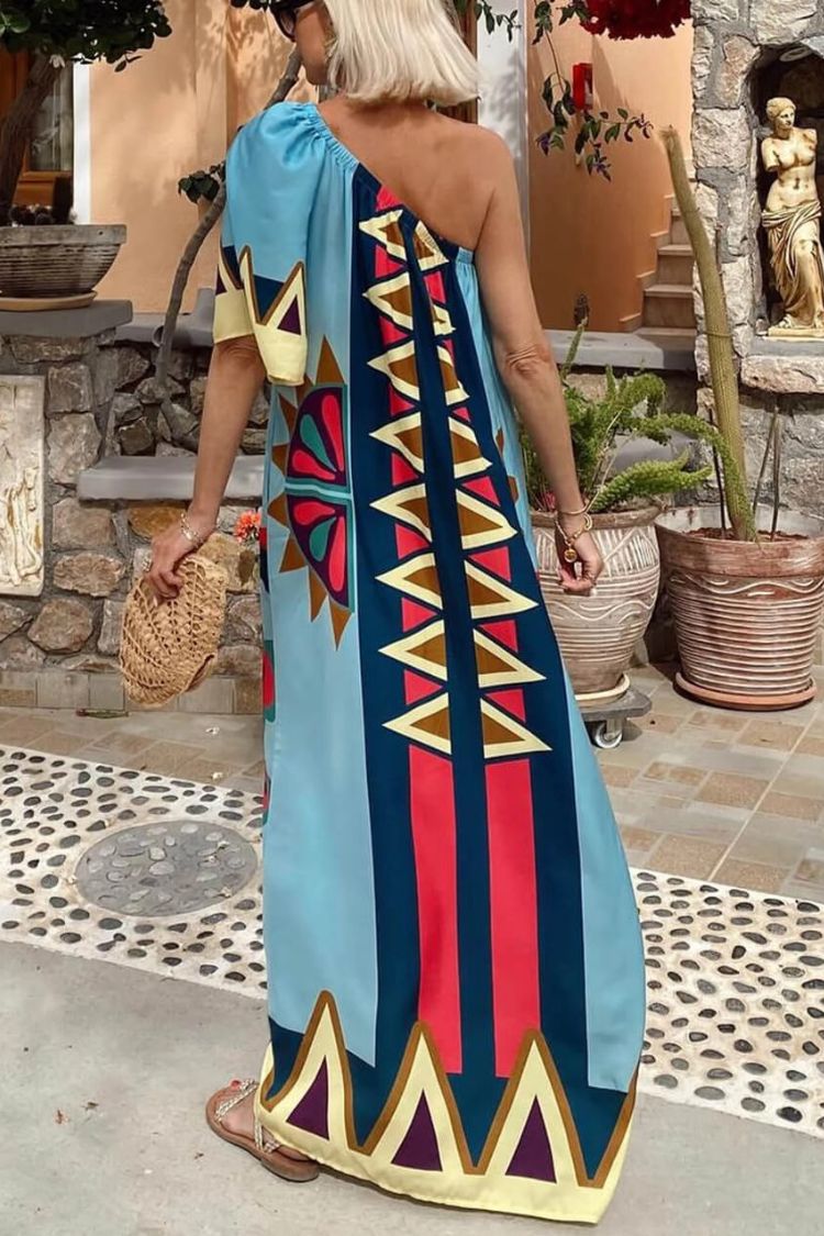 Color Boost Unique Print One Shoulder Bell Sleeve Pocketed Maxi Dress