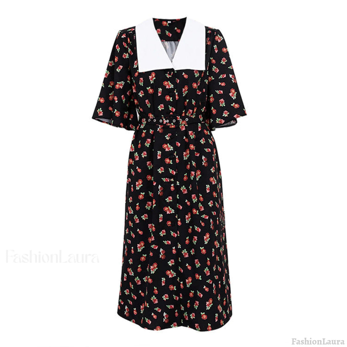 Floral Print Slit Tight Waist A line Dress Elegant Short Sleeve Doll Collar Dress