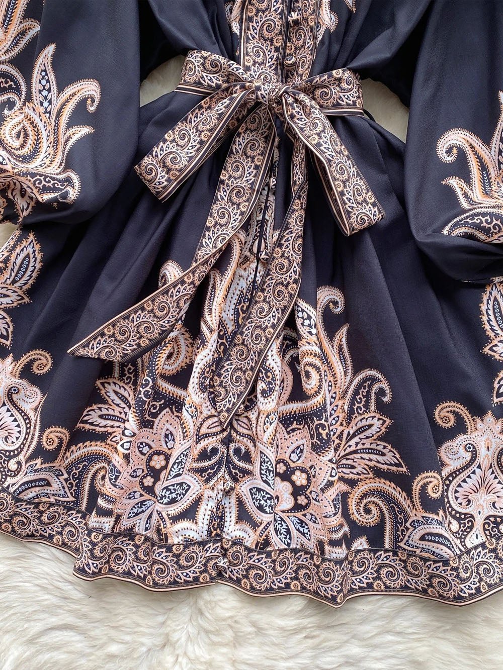Paisley Print Deep V-Neck Puff Sleeve Tie Waist Button Front Mini Dress