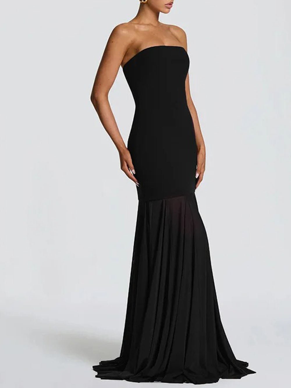 Black Strapless Neck Scarf Drape Pleated Mermaid Maxi Gown
