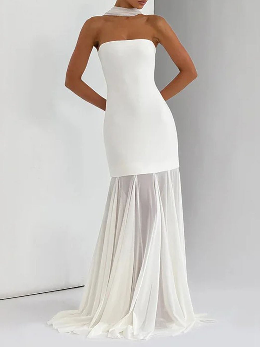 White Strapless Neck Scarf Drape Pleated Mermaid Maxi Gown
