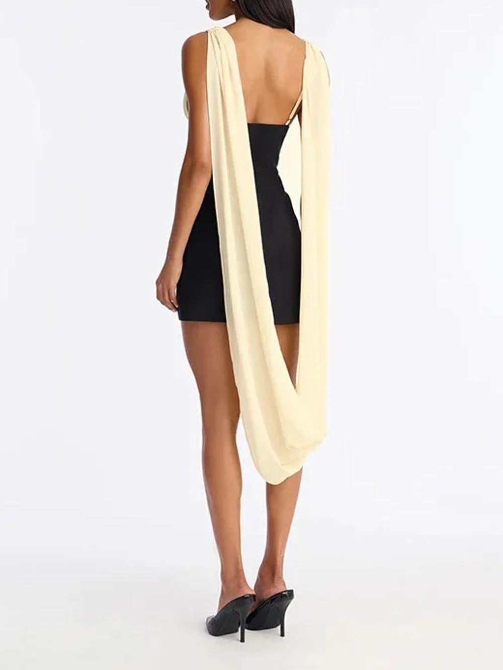 Black Colorblock Deep V-Neck Wide Strap Sleeveless Gathered Ruched High Waist Backless Sash Tie Bodycon Mini Dress