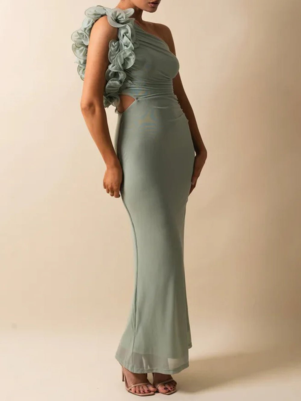 One Shoulder Organza Ruffle Shoulder Detail Waist Cut Out Mesh Hem Maxi Dress