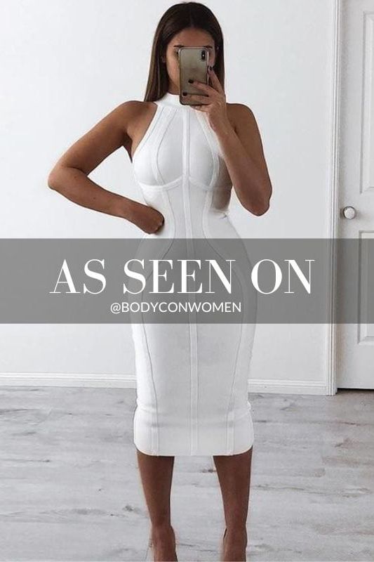 Pearl White Bandage Mock Neck Sleeveless Vertical Panel Midi Dress