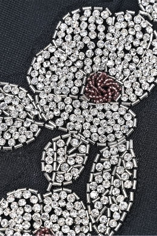 Classic Black Sweetheart Neck Beaded Floral Side Panel Bodycon Mini Dress
