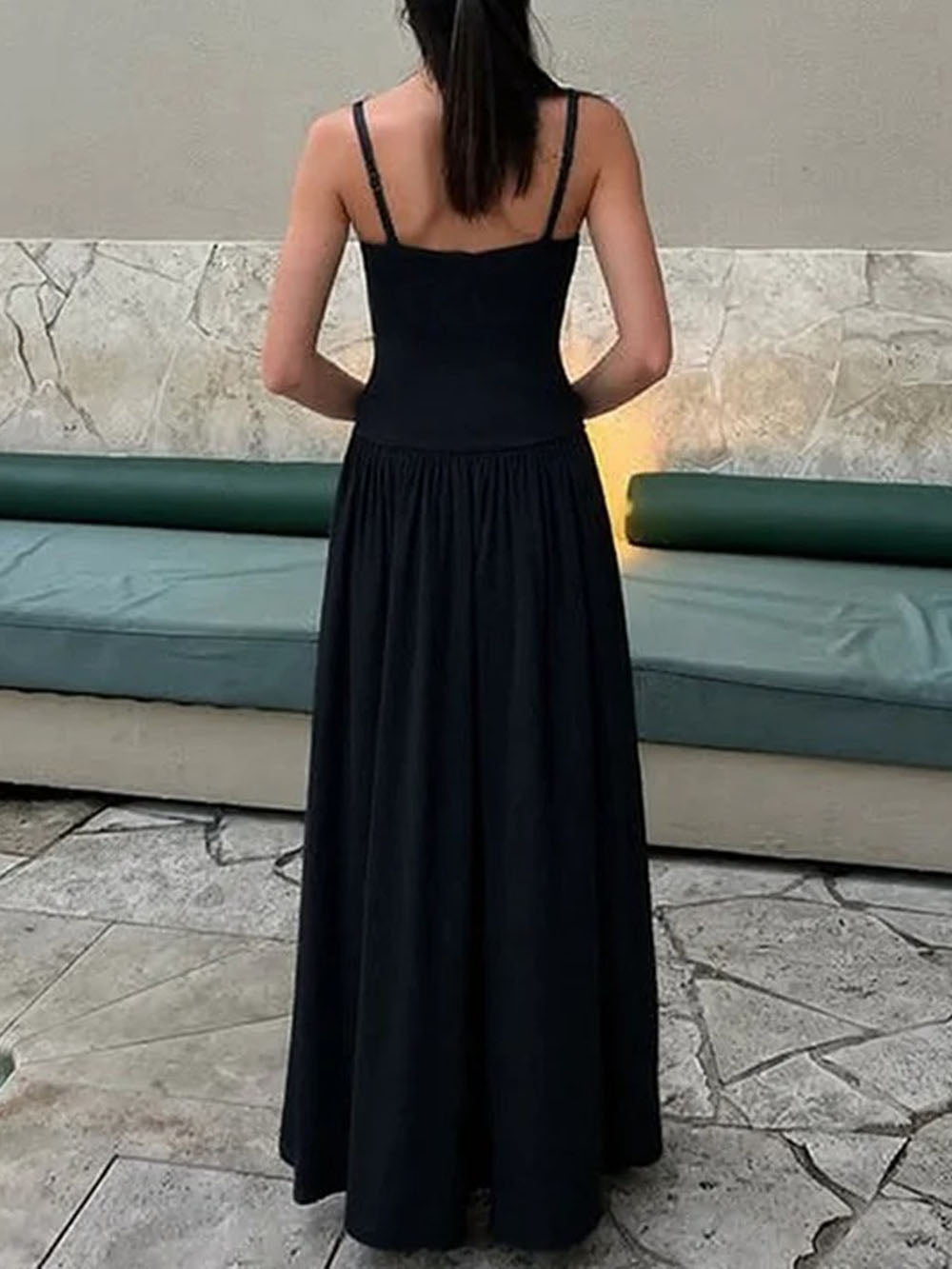 Spaghetti Strap Ruched Drop Waist Flowy Maxi Dress