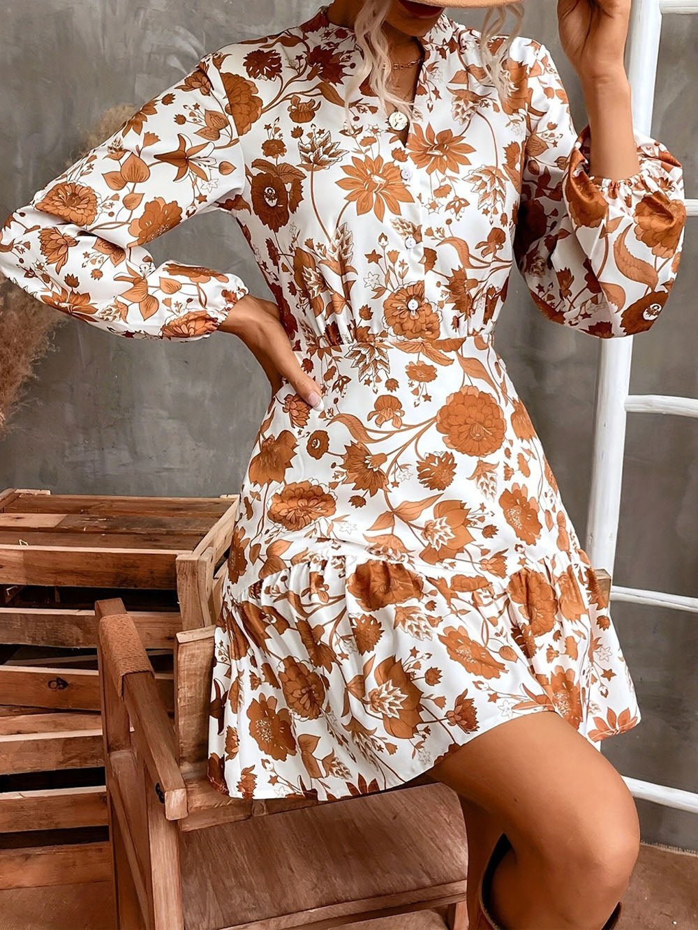 Multi Floral Print Stand Collar Button Front Bishop Sleeve Ruffle Hem Mini Dress