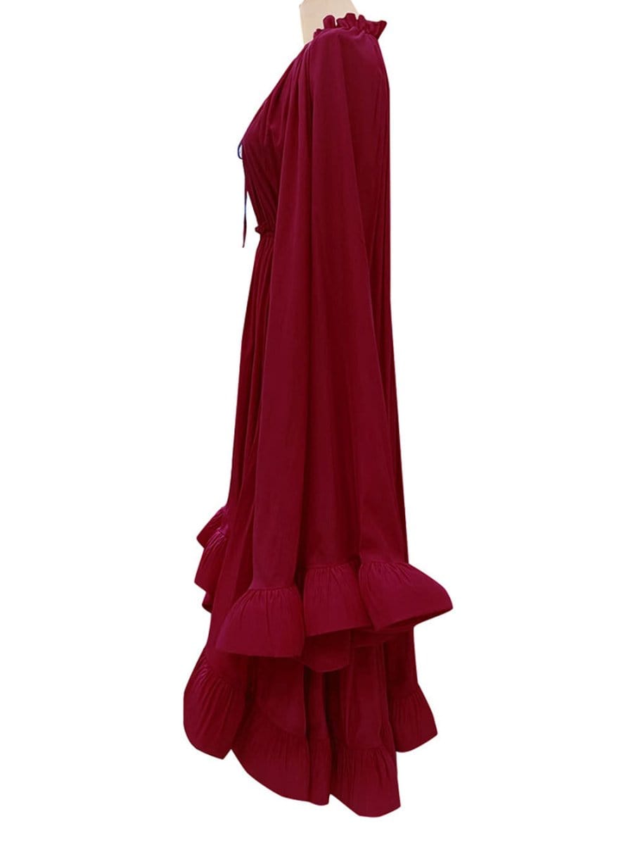 Pleated Ruffle Collar Deep V-Neck Cape Sleeve High Low Tiered Midi Dress