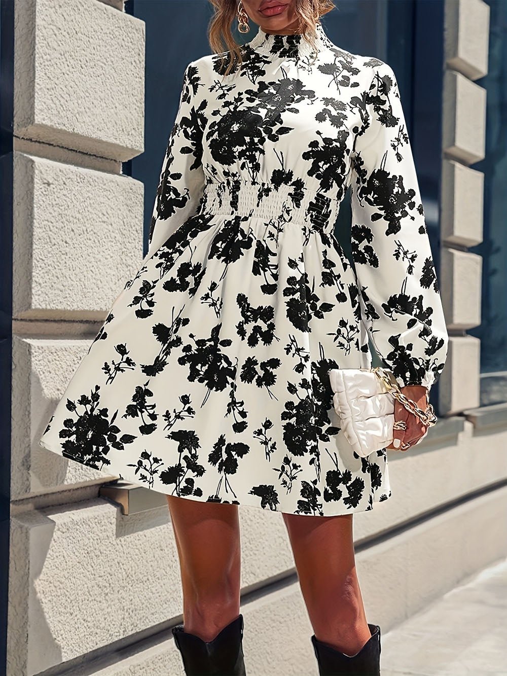 Multi Floral Print Mock Neck Bishop Sleeve Smocked Waist Fit And Flare Mini Dress