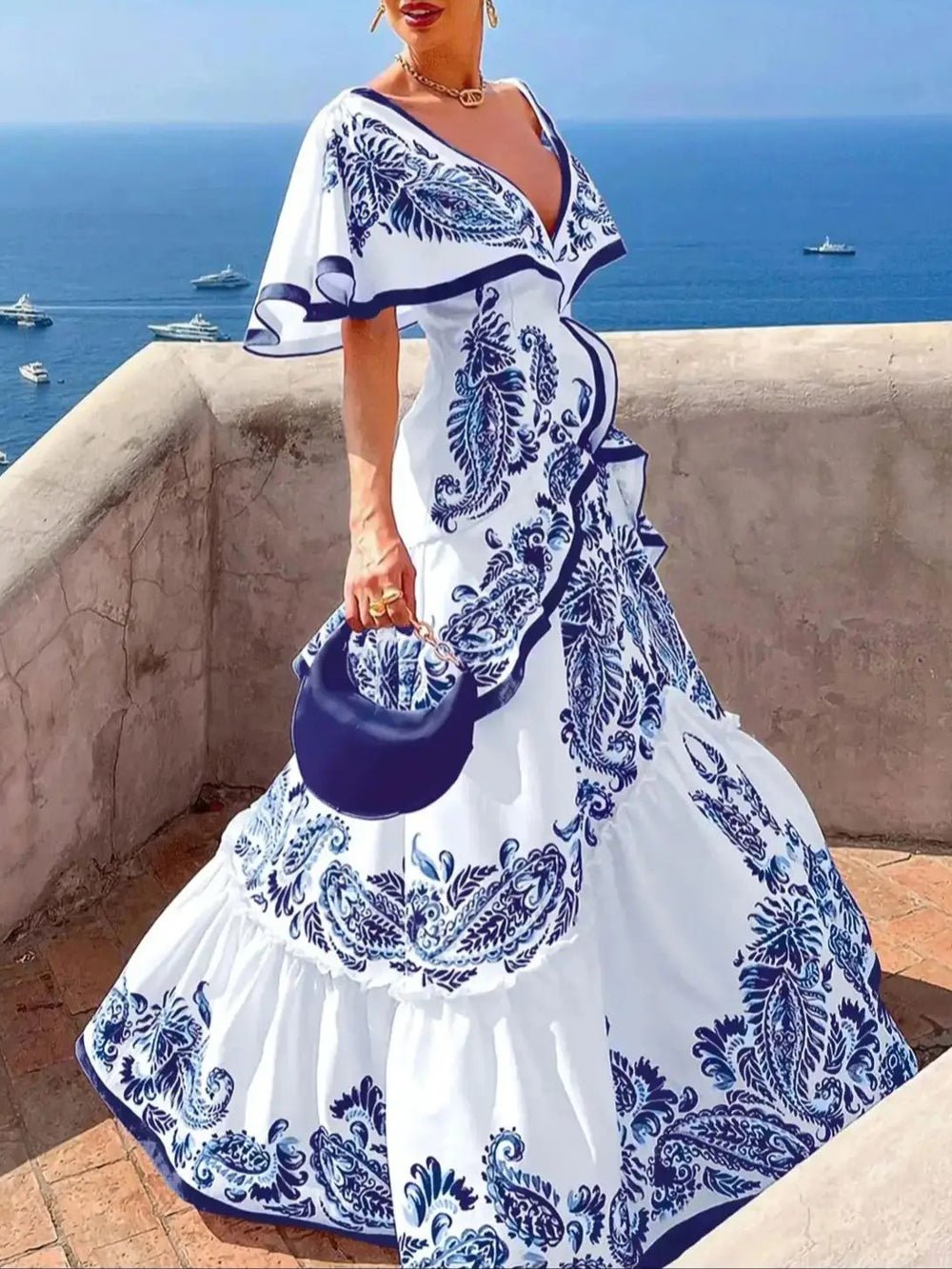 White Paisley Print Deep V-Neck Ruffle Trim Tiered Flutter Sleeve Maxi Dress