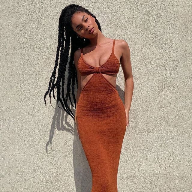 Ribbed Knit Halter Twist Bust Waist Cut Out Bodycon Maxi Dress