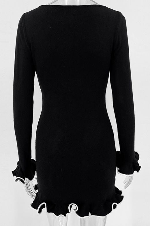 Sun Yellow Boat Neck Long Sleeve Lettuce Hem Ribbed Knit Bodycon Mini Dress