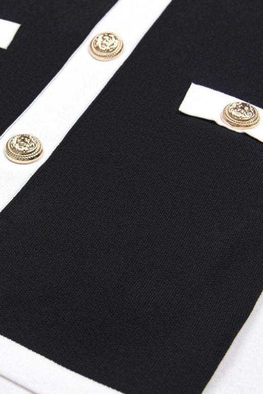 Classic Black Round Neck Contrast Trim Faux Pocket Bandage Bodycon Mini Dress