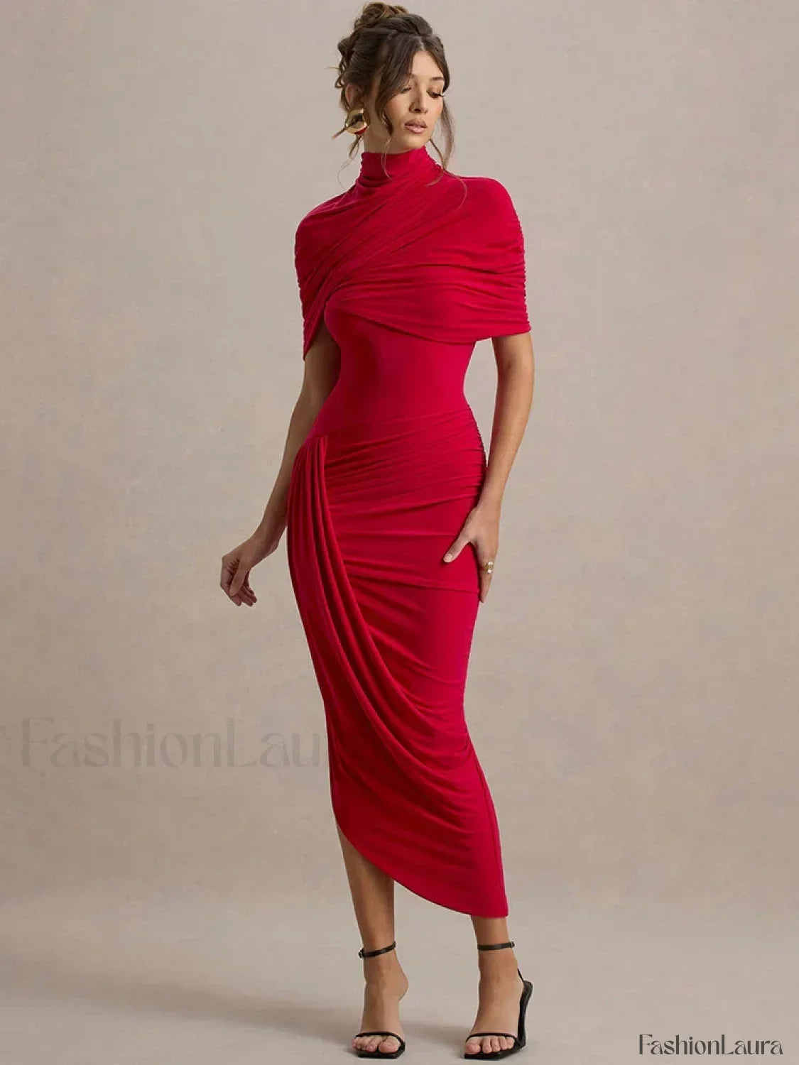 Ruched Turtleneck Midi Dress