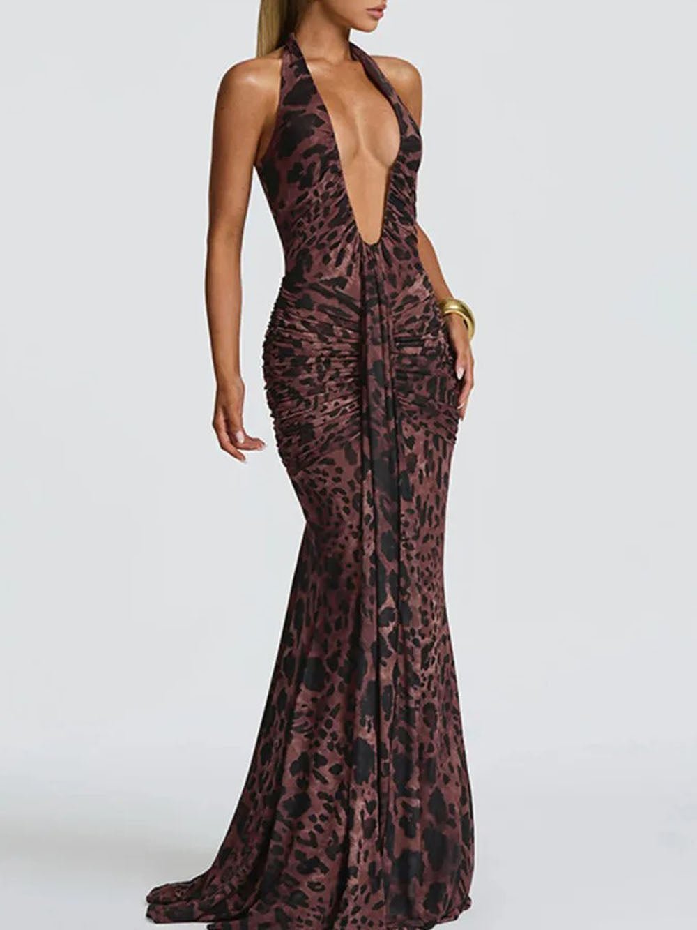 Brown Halter Neck Deep V-Neck Ruched Mermaid Maxi Dress
