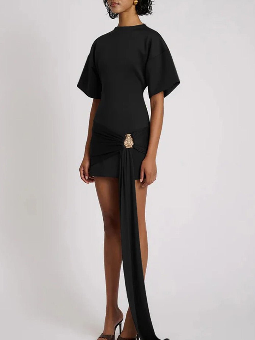 Black Mock Neck Boxy Short Sleeve Ruched Metal Buckle Sash Mini Dress
