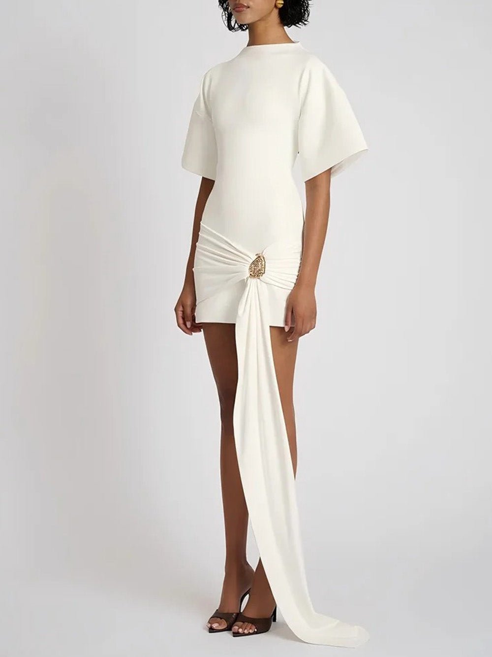 White Mock Neck Boxy Short Sleeve Ruched Metal Buckle Sash Mini Dress