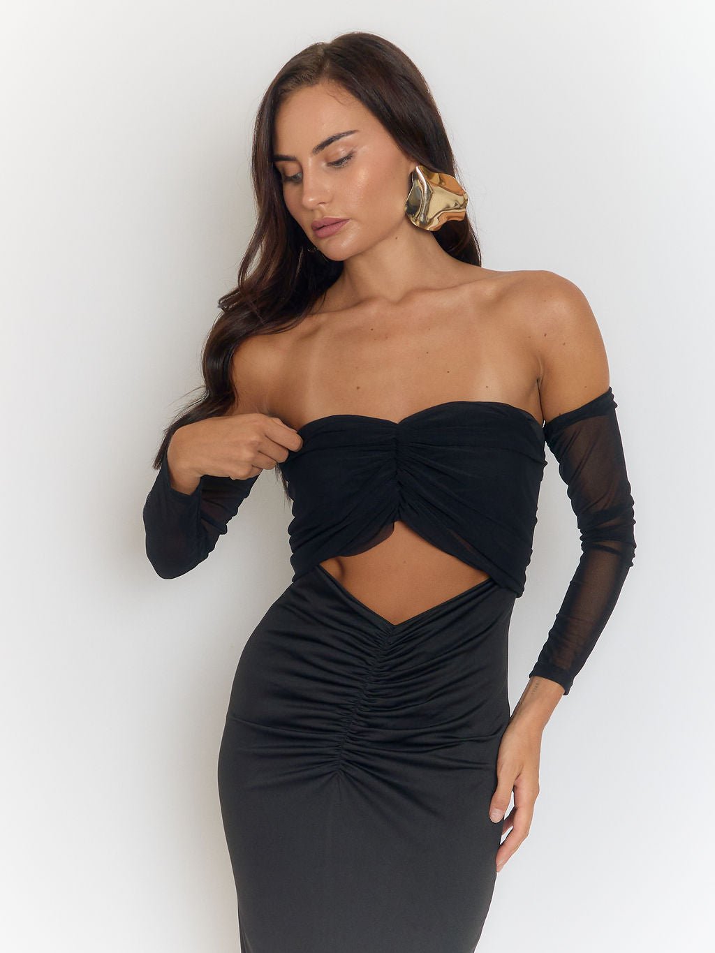 Black Strapless Under Bust Cut Out Ruched Bodycon Mesh Sleeve Overlay Maxi Gown