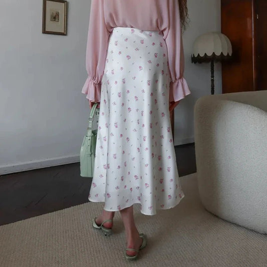 Kate High Waist Satin Printed Midi Skirt