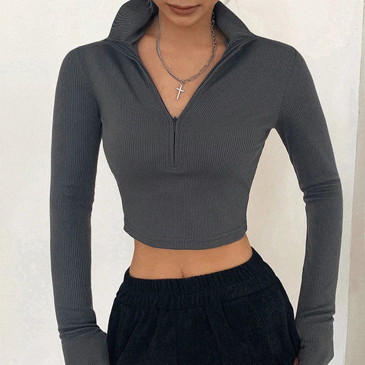 solid color casual T-shirt women long sleeves turtleneck crop tops sexy simple style party club 2025 spring summer new
