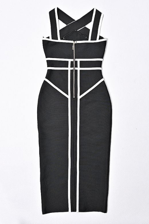 Classic Black Halter Neck Criss Cross Cage Panel Bandage Midi Dress