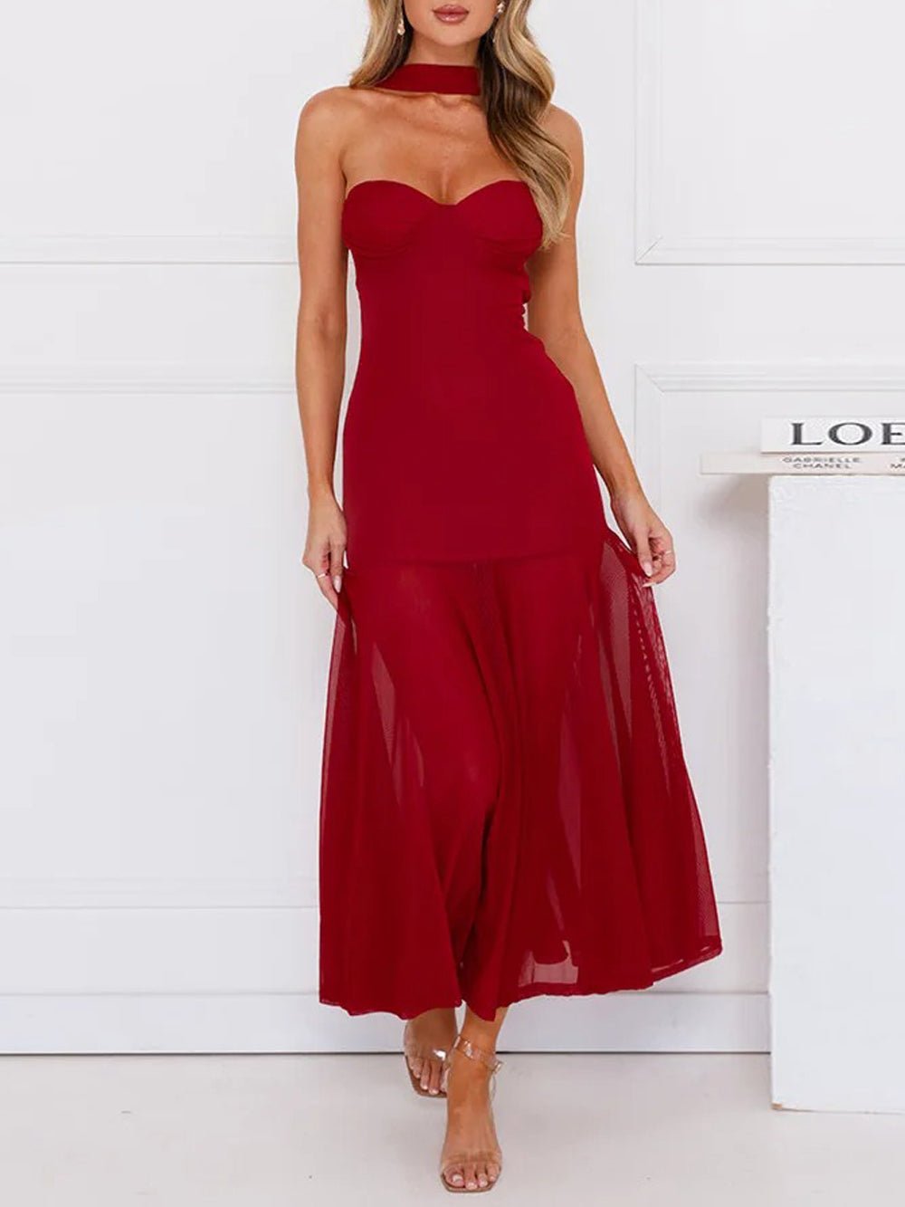 Strapless Sweetheart Mesh Overlay High Split Ruffle Tier Maxi Dress