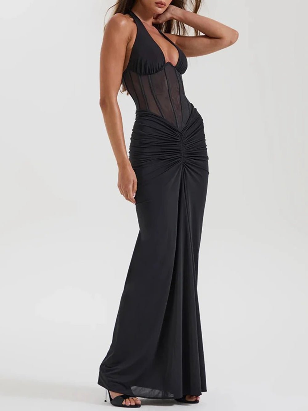 Black Halter Neck Deep V-Neck Mesh Corset Bodice Front Ruched Maxi Dress
