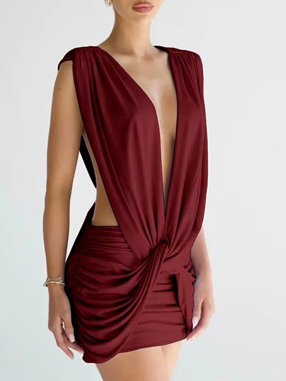 Red Knit Deep V-Neck Sleeveless Draped Knot Ruched Bodycon Mini Dress