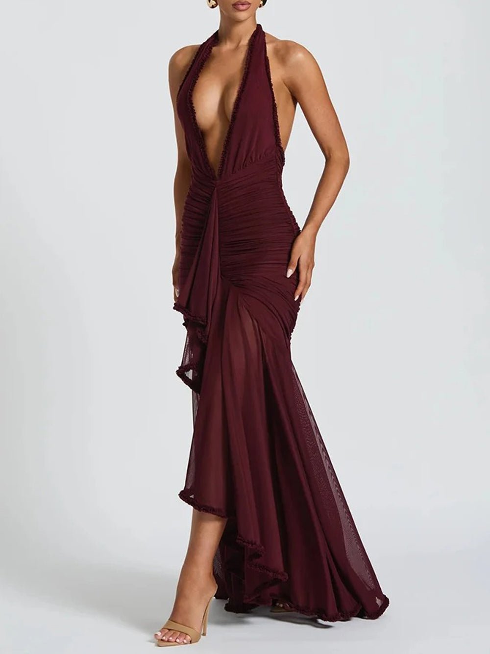 Red Halter Neck Deep V-Neck Ruched Mesh Skirt Cascade Ruffle Maxi Dress