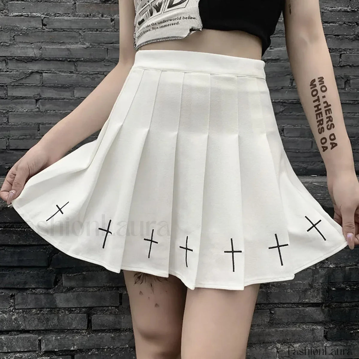 Women's High Waist Gothic Mini Cross Pattern Mini Pleated Dark Style Skirt