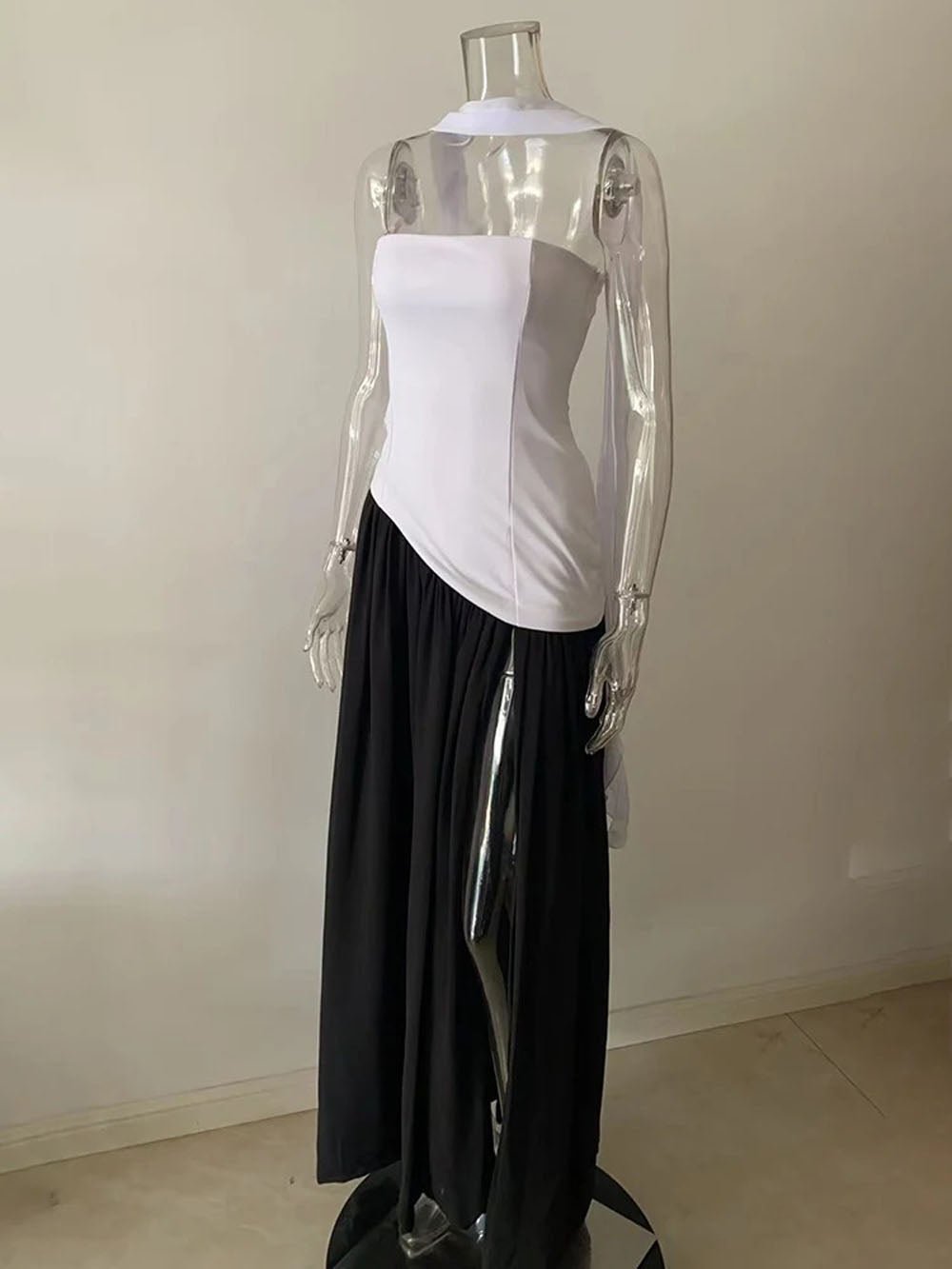 Strapless Neck Scarf Choker Draped Overlay High Split Maxi Dress