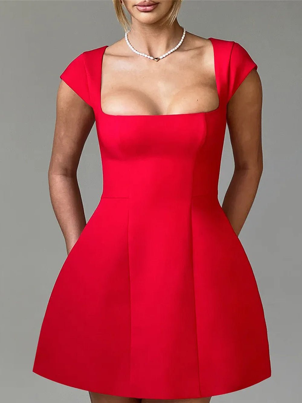 Square Neck Cap Sleeve Princess Seam Pocket Fit and Flare Mini Dress